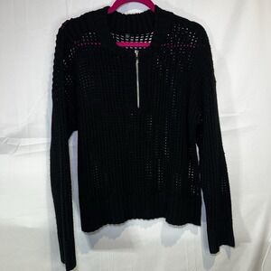 Anrabess Women's‎ Size X-Large Black Ribbed Quarter Zip Sweater Crochet Knit Top